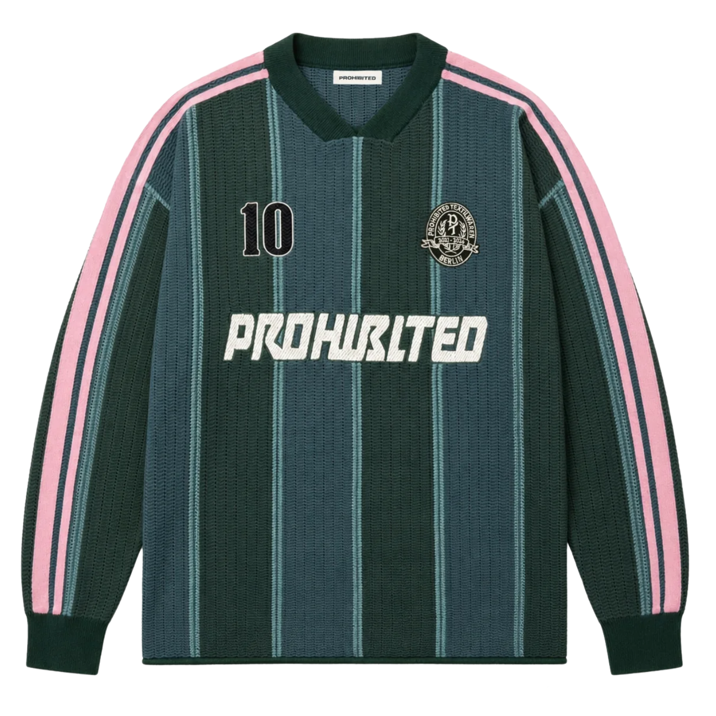 Camiseta de fútbol de punto Prohibited Striped Team Knit Trikot Green 120 0193-522 Magliette PROHIBITED